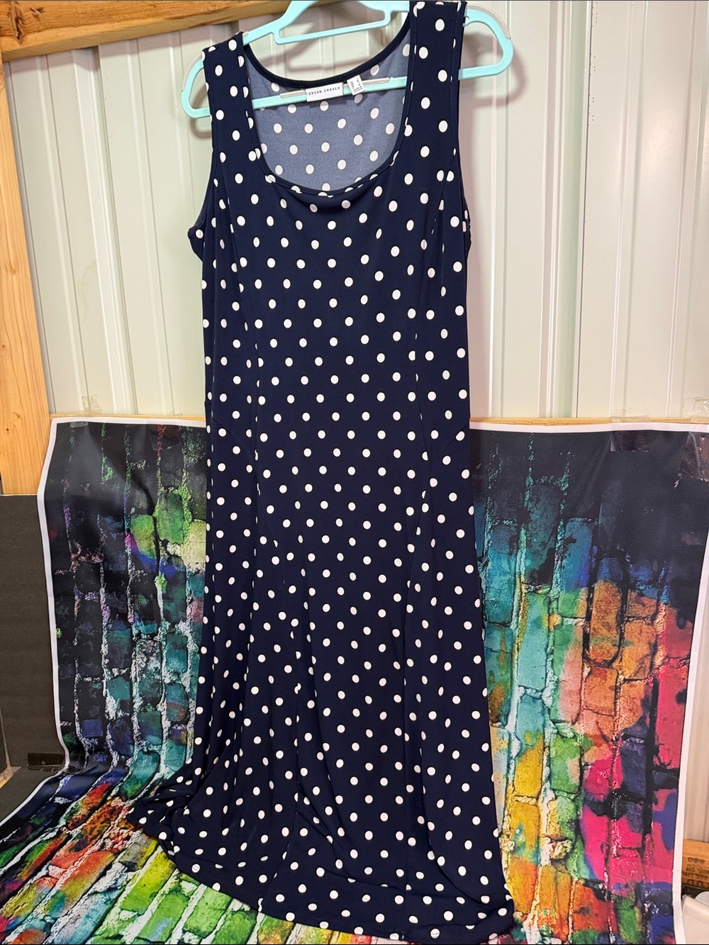 Susan Graver Navy and White Polka Dot Sleeveless Maxi Dress